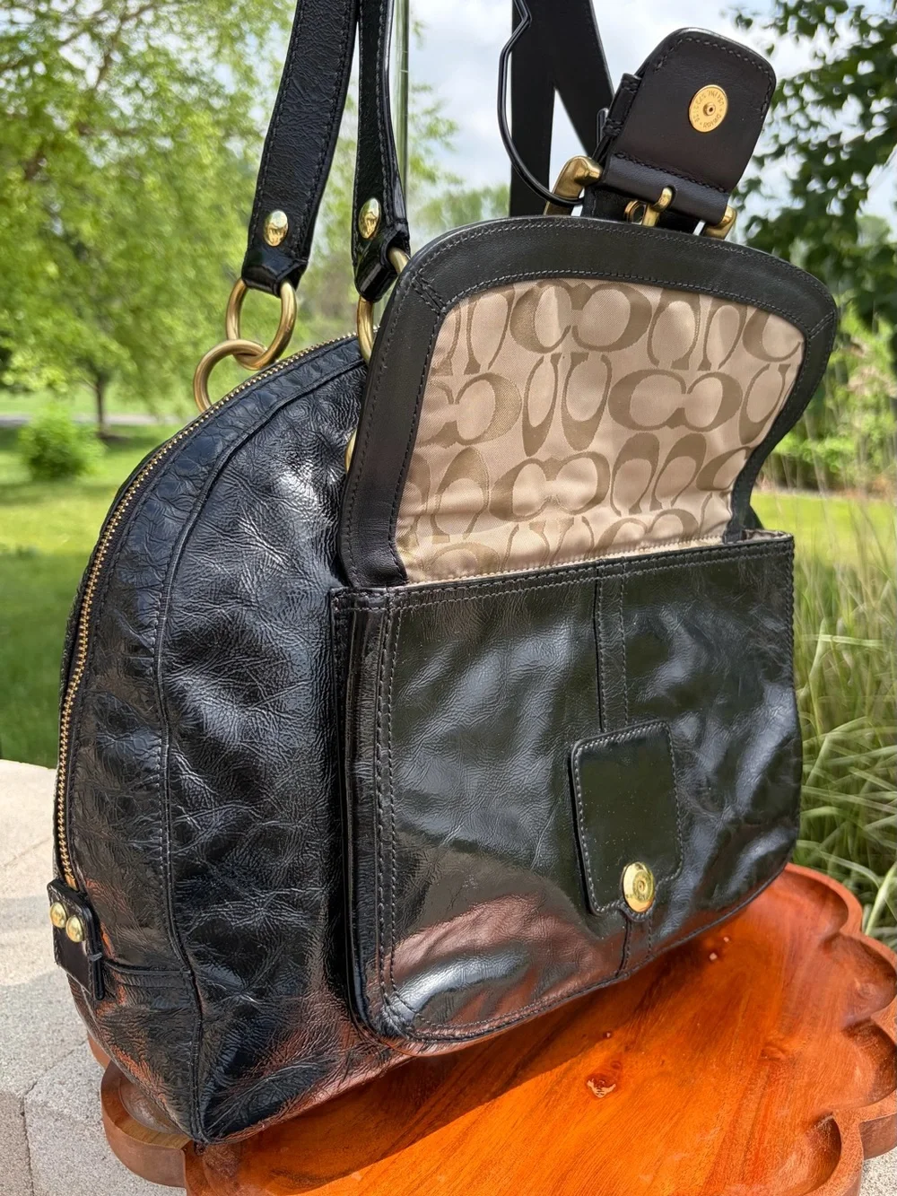 Coach Soho Courtney Domed Satchel Black Crinkled Patent Leather